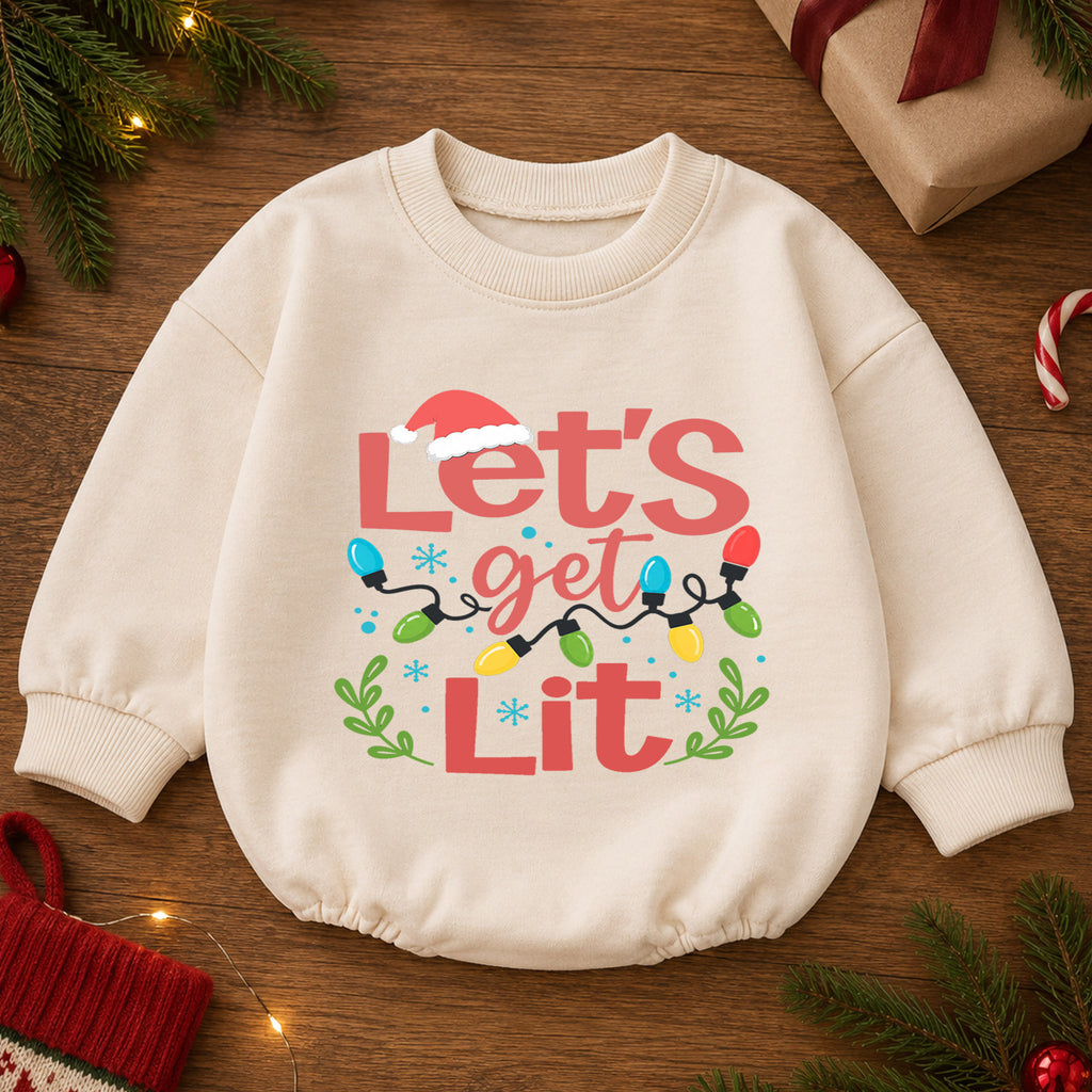 Let's Get Lit Christmas Baby Romper, Funny Christmas Lights Holiday Outfit, Toddler Xmas Romper, Cute 1st Christmas Gift for Baby — product view 2