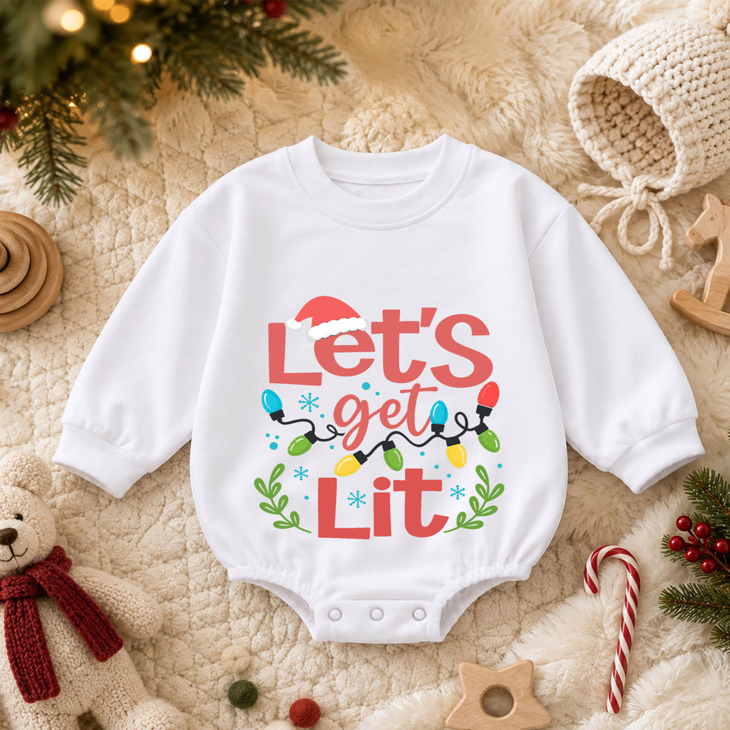 Let's Get Lit Christmas Baby Romper, Funny Christmas Lights Holiday Outfit, Toddler Xmas Romper, Cute 1st Christmas Gift for Baby — product view 3