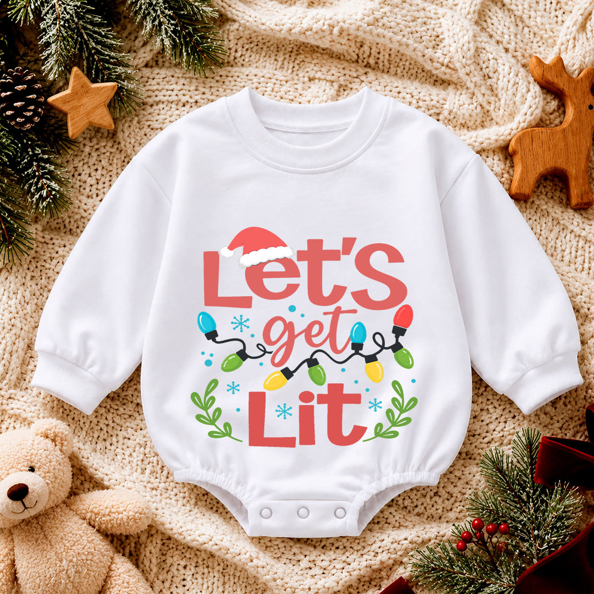 Let's Get Lit Christmas Baby Romper, Funny Christmas Lights Holiday Outfit, Toddler Xmas Romper, Cute 1st Christmas Gift for Baby — product view 4