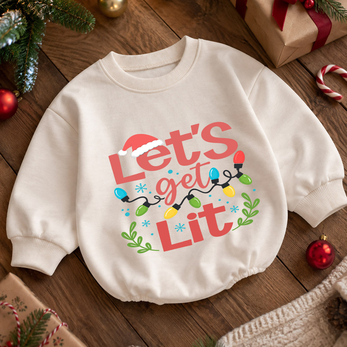 Let's Get Lit Christmas Baby Romper, Funny Christmas Lights Holiday Outfit, Toddler Xmas Romper, Cute 1st Christmas Gift for Baby — product view 5
