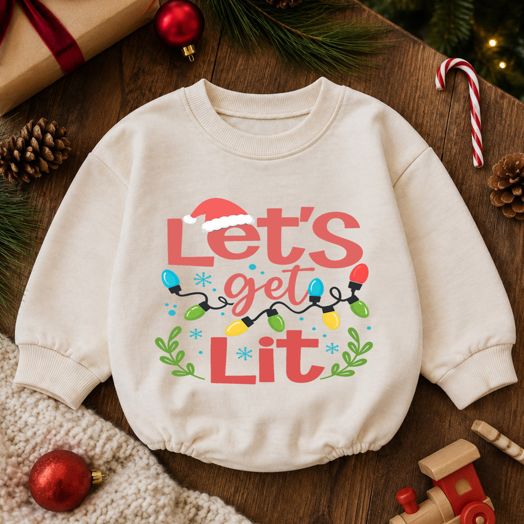 Let's Get Lit Christmas Baby Romper, Funny Christmas Lights Holiday Outfit, Toddler Xmas Romper, Cute 1st Christmas Gift for Baby — product view 6