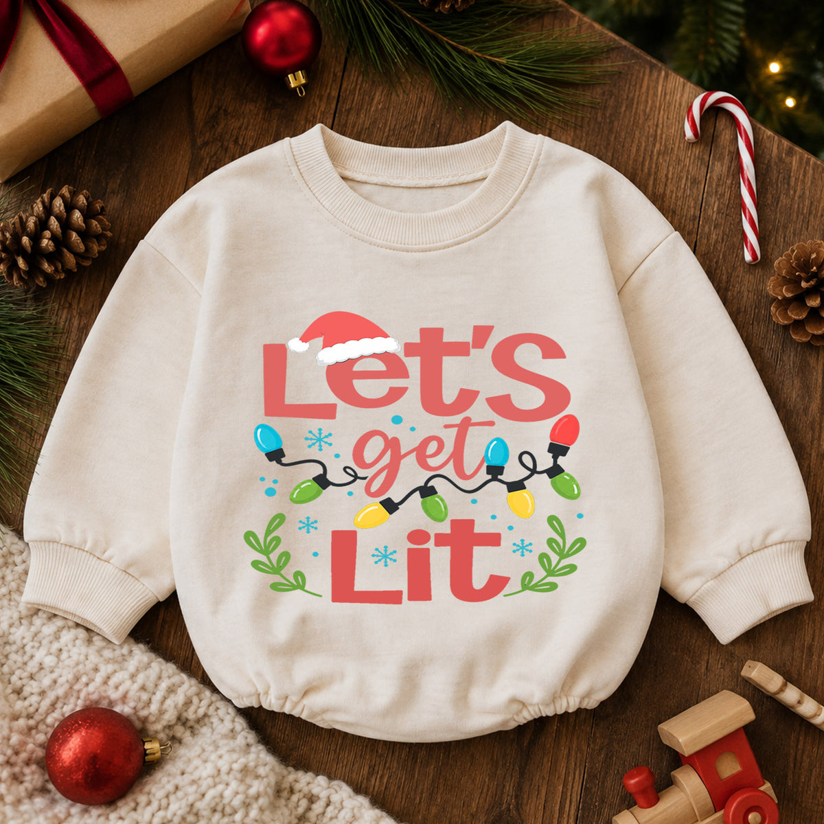Let's Get Lit Christmas Baby Romper, Funny Christmas Lights Holiday Outfit, Toddler Xmas Romper, Cute 1st Christmas Gift for Baby — product view 6