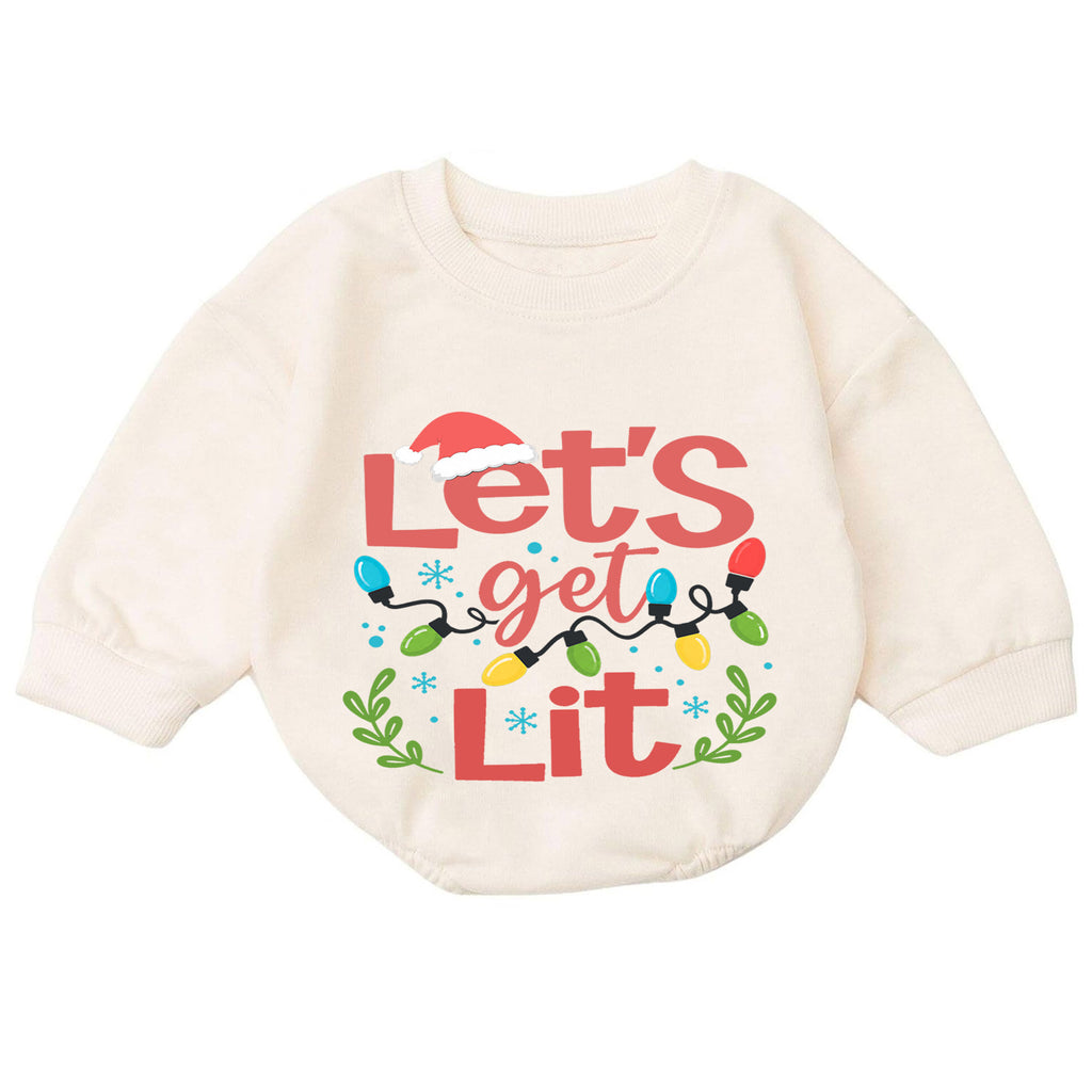 Let's Get Lit Christmas Baby Romper, Funny Christmas Lights Holiday Outfit, Toddler Xmas Romper, Cute 1st Christmas Gift for Baby — product view 7