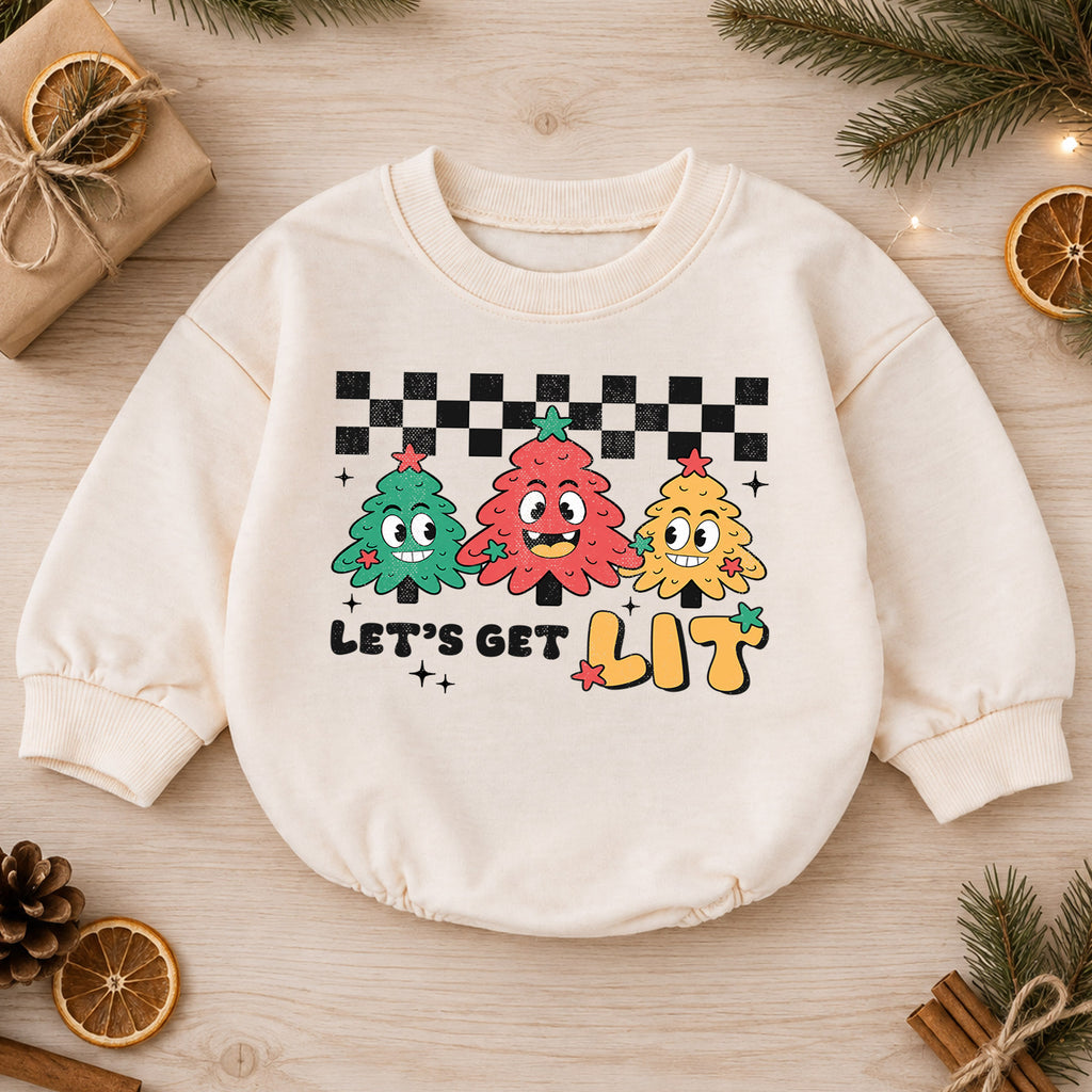 Let's Get Lit Christmas Tree Baby Romper, Retro Holiday Outfit, Baby 1st Christmas Keepsake, 1st Birthday Xmas Gift for Little Baby — product view 1