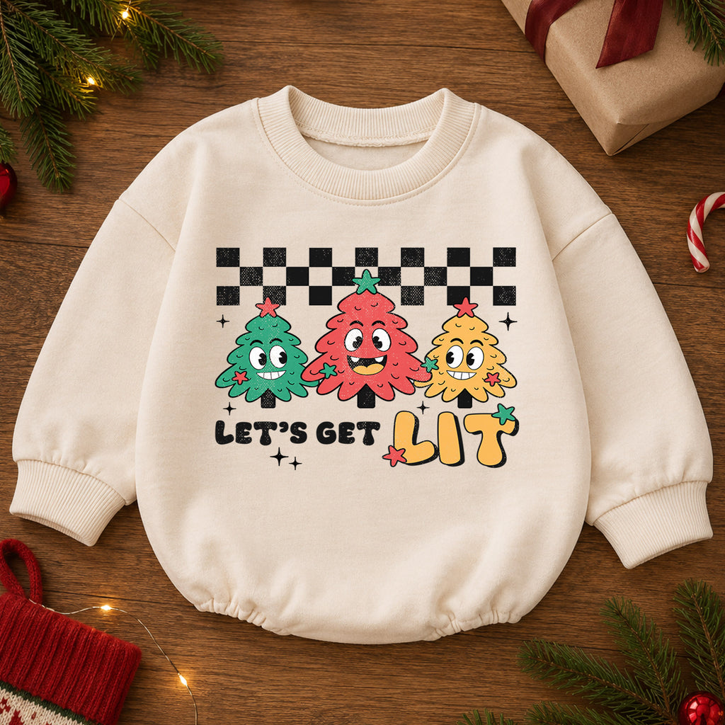 Let's Get Lit Christmas Tree Baby Romper, Retro Holiday Outfit, Baby 1st Christmas Keepsake, 1st Birthday Xmas Gift for Little Baby — product view 2