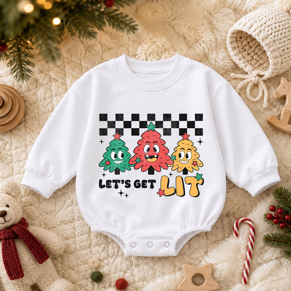 Let's Get Lit Christmas Tree Baby Romper, Retro Holiday Outfit, Baby 1st Christmas Keepsake, 1st Birthday Xmas Gift for Little Baby — product view 3