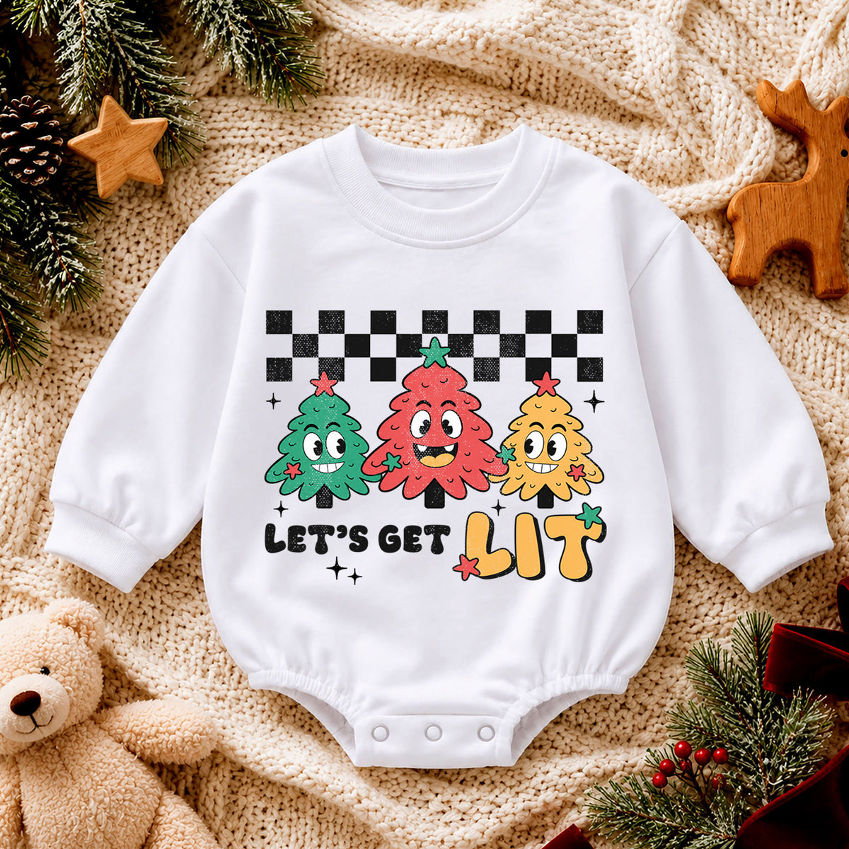 Let's Get Lit Christmas Tree Baby Romper, Retro Holiday Outfit, Baby 1st Christmas Keepsake, 1st Birthday Xmas Gift for Little Baby — product view 4