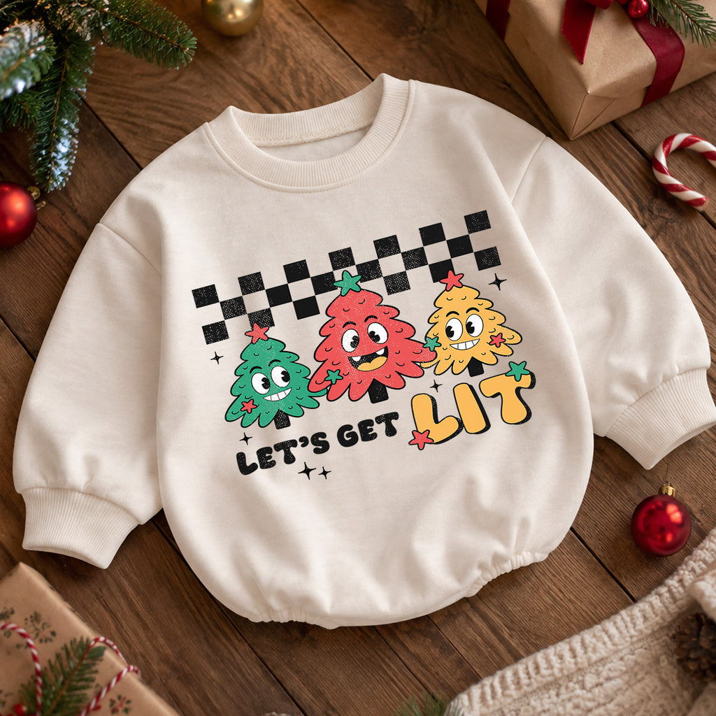 Let's Get Lit Christmas Tree Baby Romper, Retro Holiday Outfit, Baby 1st Christmas Keepsake, 1st Birthday Xmas Gift for Little Baby — product view 5