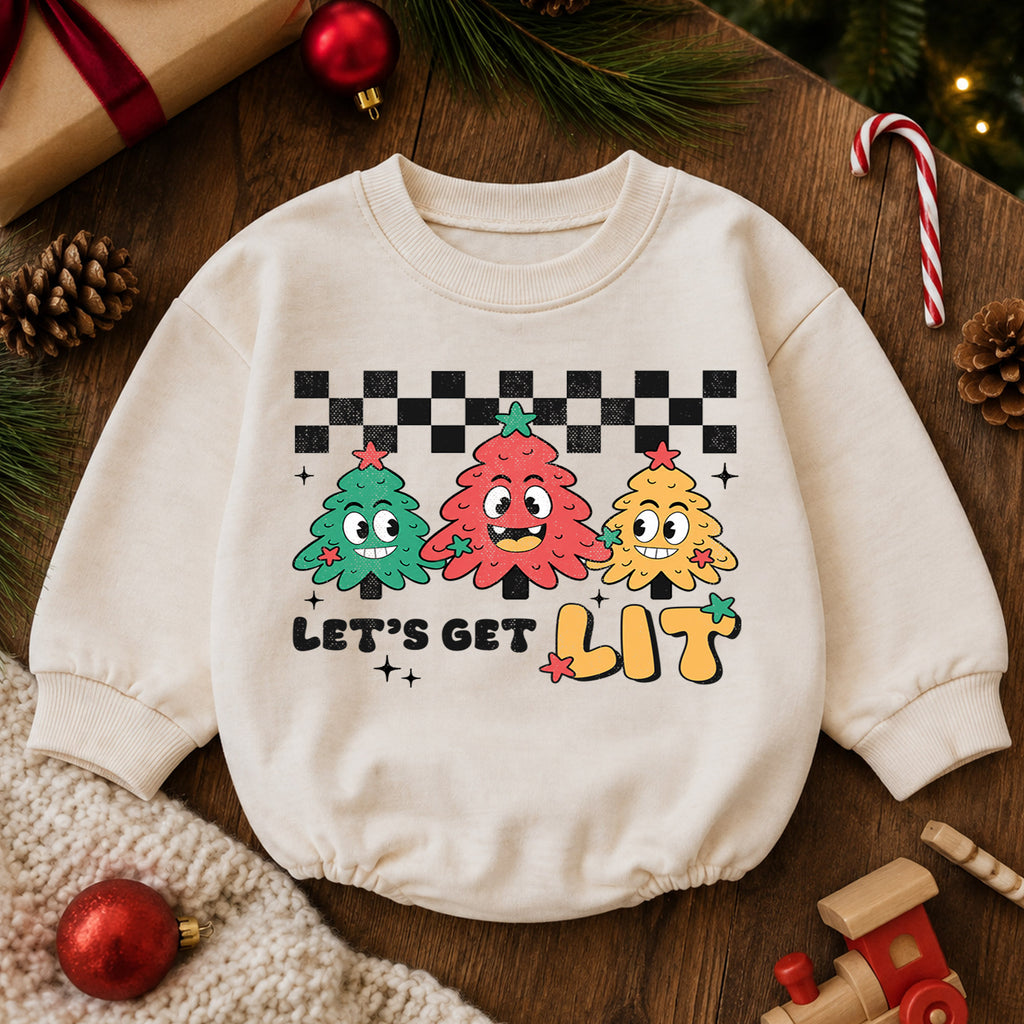 Let's Get Lit Christmas Tree Baby Romper, Retro Holiday Outfit, Baby 1st Christmas Keepsake, 1st Birthday Xmas Gift for Little Baby — product view 6