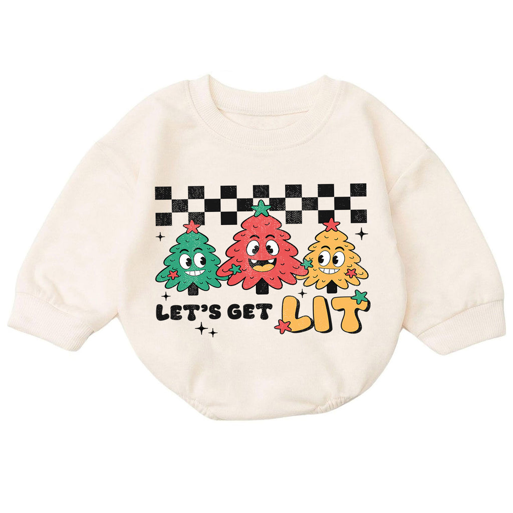 Let's Get Lit Christmas Tree Baby Romper, Retro Holiday Outfit, Baby 1st Christmas Keepsake, 1st Birthday Xmas Gift for Little Baby — product view 7