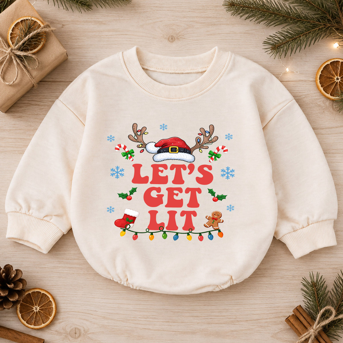 Let's Get Lit Baby Romper, Santa Hat Reindeer Christmas Outfit, 1st Birthday Holiday Gift, Baby 1st Christmas Keepsake — product view 1
