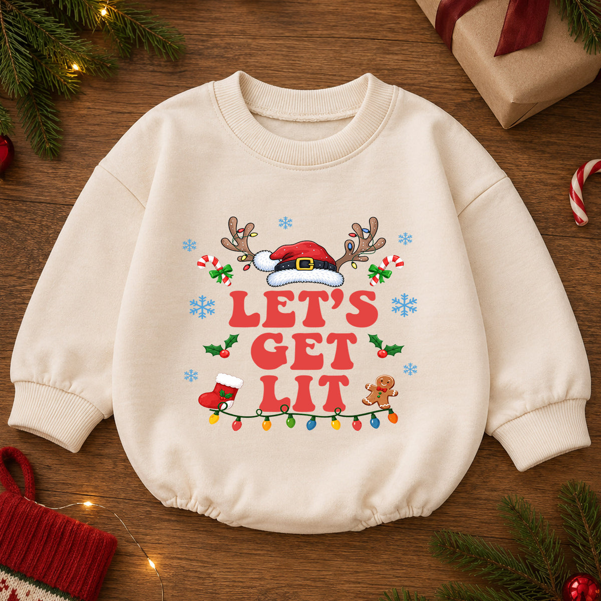 Let's Get Lit Baby Romper, Santa Hat Reindeer Christmas Outfit, 1st Birthday Holiday Gift, Baby 1st Christmas Keepsake — product view 2