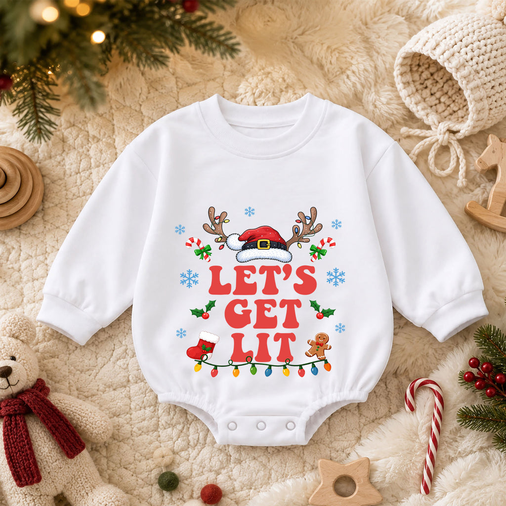 Let's Get Lit Baby Romper, Santa Hat Reindeer Christmas Outfit, 1st Birthday Holiday Gift, Baby 1st Christmas Keepsake — product view 3