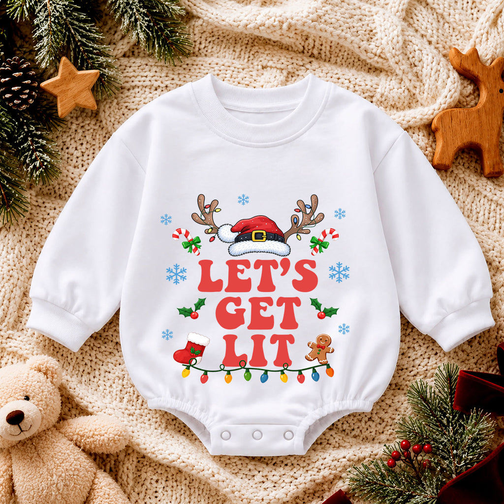 Let's Get Lit Baby Romper, Santa Hat Reindeer Christmas Outfit, 1st Birthday Holiday Gift, Baby 1st Christmas Keepsake — product view 4