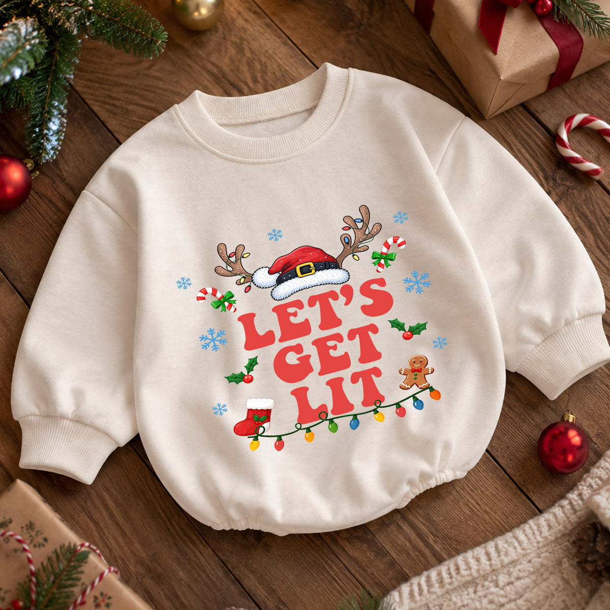 Let's Get Lit Baby Romper, Santa Hat Reindeer Christmas Outfit, 1st Birthday Holiday Gift, Baby 1st Christmas Keepsake — product view 5