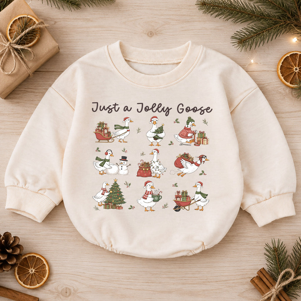 Vintage Christmas Goose Baby Romper, Funny Holiday Pattern Outfit, Toddler Goose Lover Gift, Just a Jolly Goose — product view 1