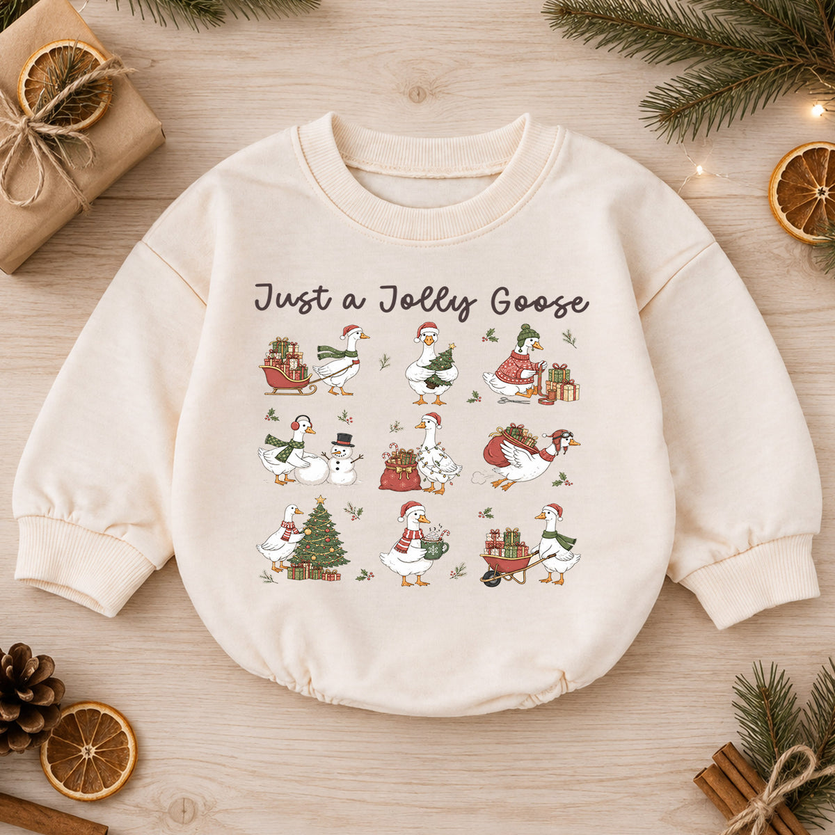 Vintage Christmas Goose Baby Romper, Funny Holiday Pattern Outfit, Toddler Goose Lover Gift, Just a Jolly Goose — product view 1