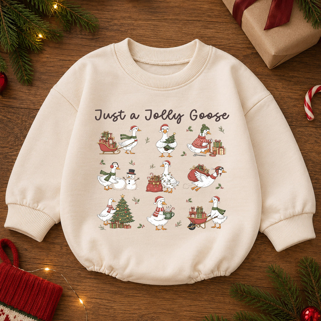 Vintage Christmas Goose Baby Romper, Funny Holiday Pattern Outfit, Toddler Goose Lover Gift, Just a Jolly Goose — product view 2
