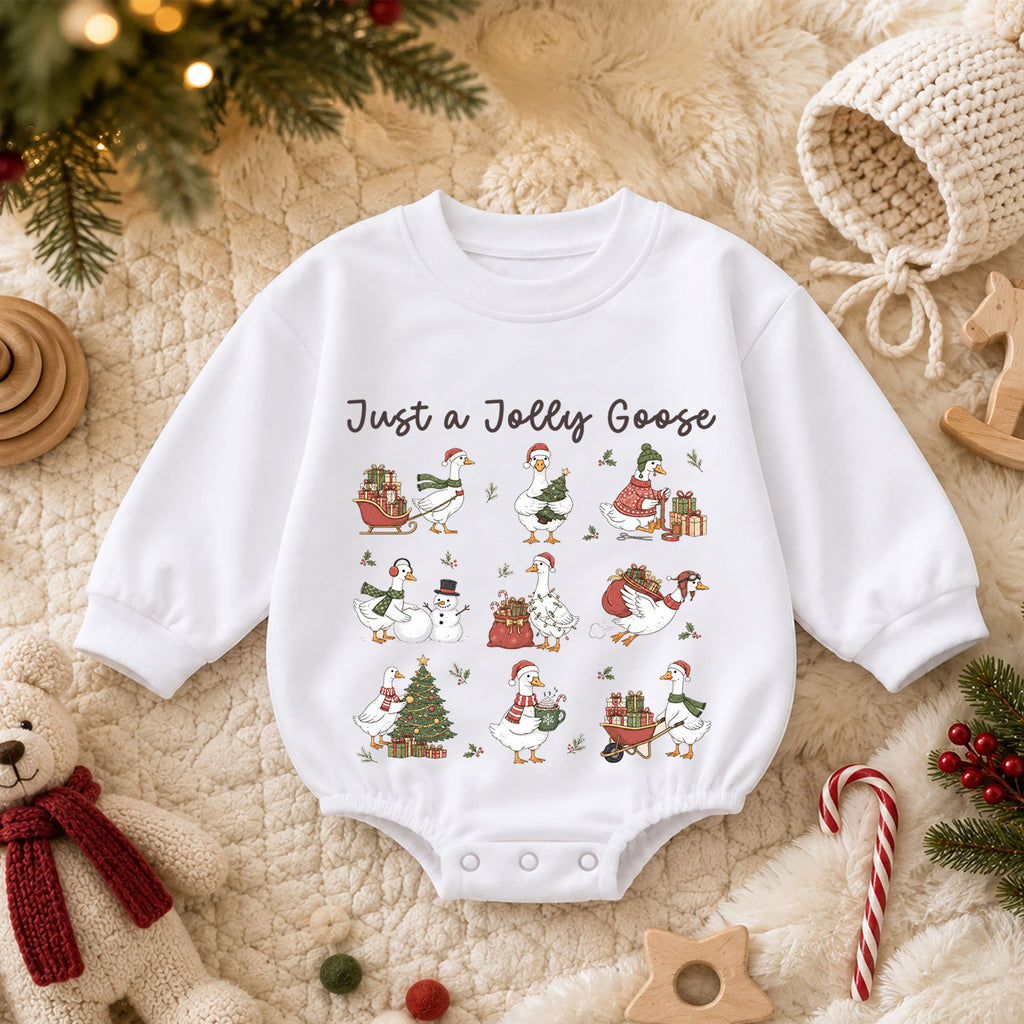 Vintage Christmas Goose Baby Romper, Funny Holiday Pattern Outfit, Toddler Goose Lover Gift, Just a Jolly Goose — product view 3