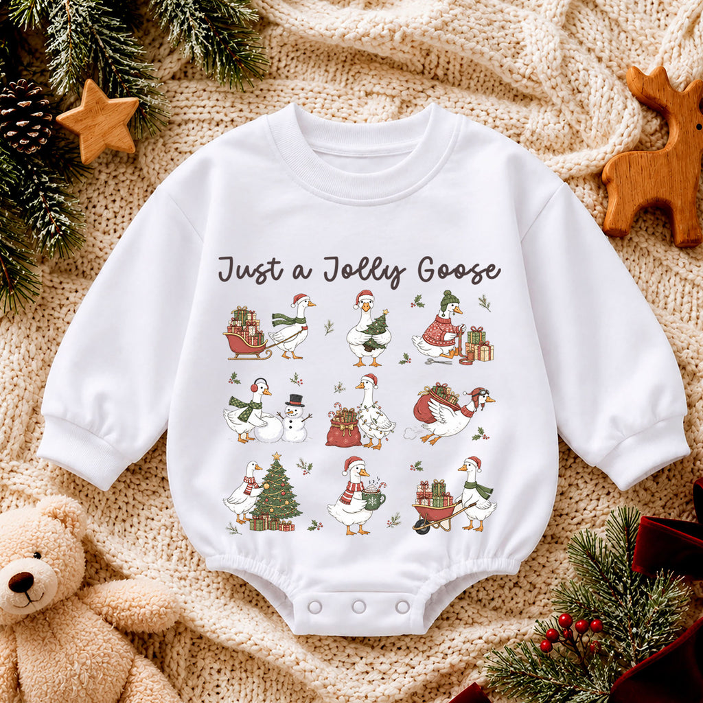 Vintage Christmas Goose Baby Romper, Funny Holiday Pattern Outfit, Toddler Goose Lover Gift, Just a Jolly Goose — product view 4