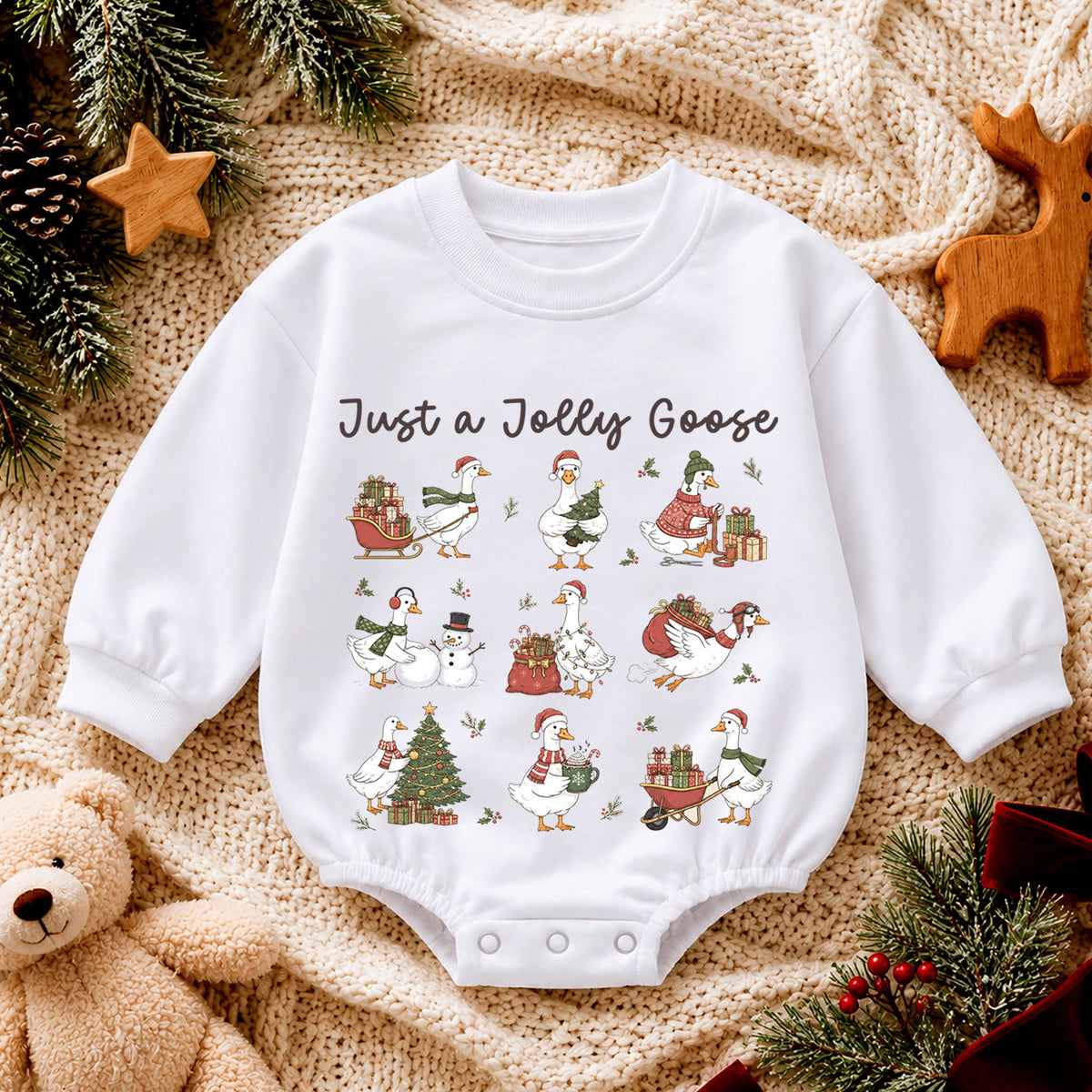 Vintage Christmas Goose Baby Romper, Funny Holiday Pattern Outfit, Toddler Goose Lover Gift, Just a Jolly Goose — product view 4