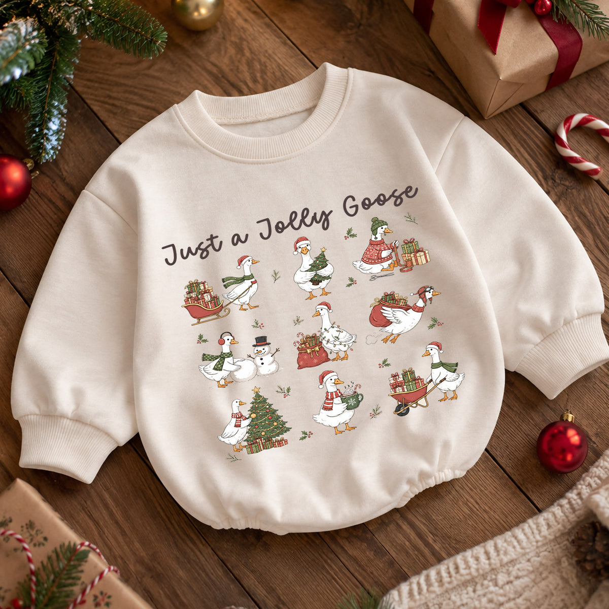 Vintage Christmas Goose Baby Romper, Funny Holiday Pattern Outfit, Toddler Goose Lover Gift, Just a Jolly Goose — product view 5