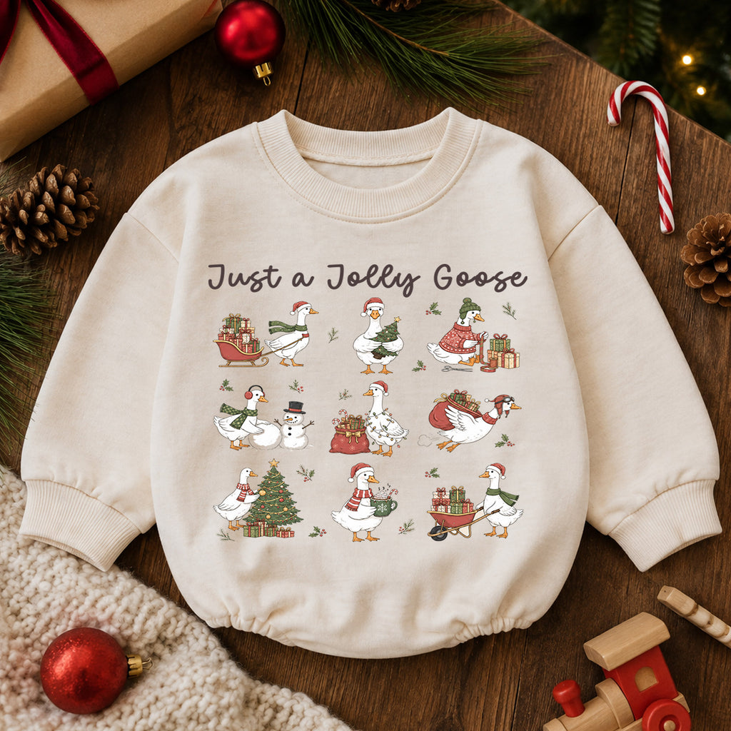Vintage Christmas Goose Baby Romper, Funny Holiday Pattern Outfit, Toddler Goose Lover Gift, Just a Jolly Goose — product view 6