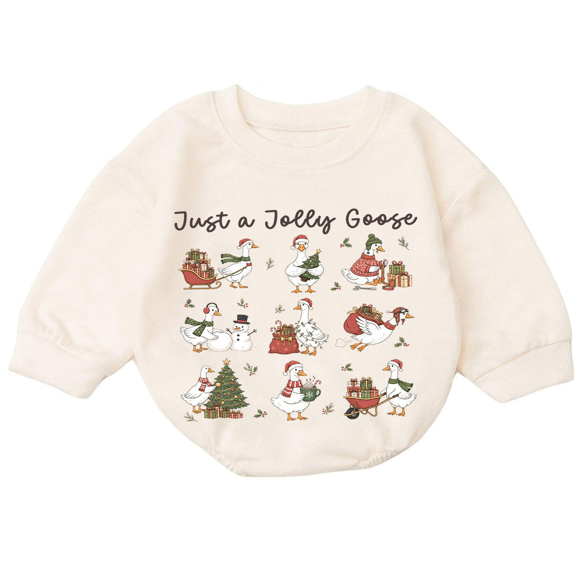 Vintage Christmas Goose Baby Romper, Funny Holiday Pattern Outfit, Toddler Goose Lover Gift, Just a Jolly Goose — product view 7