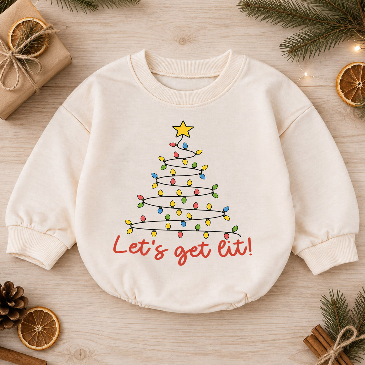 Let's Get Lit Christmas Baby Romper, Christmas Light Tree Holiday Outfit, Toddler Xmas Romper, Cute 1st Christmas Gift for Baby — product view 1