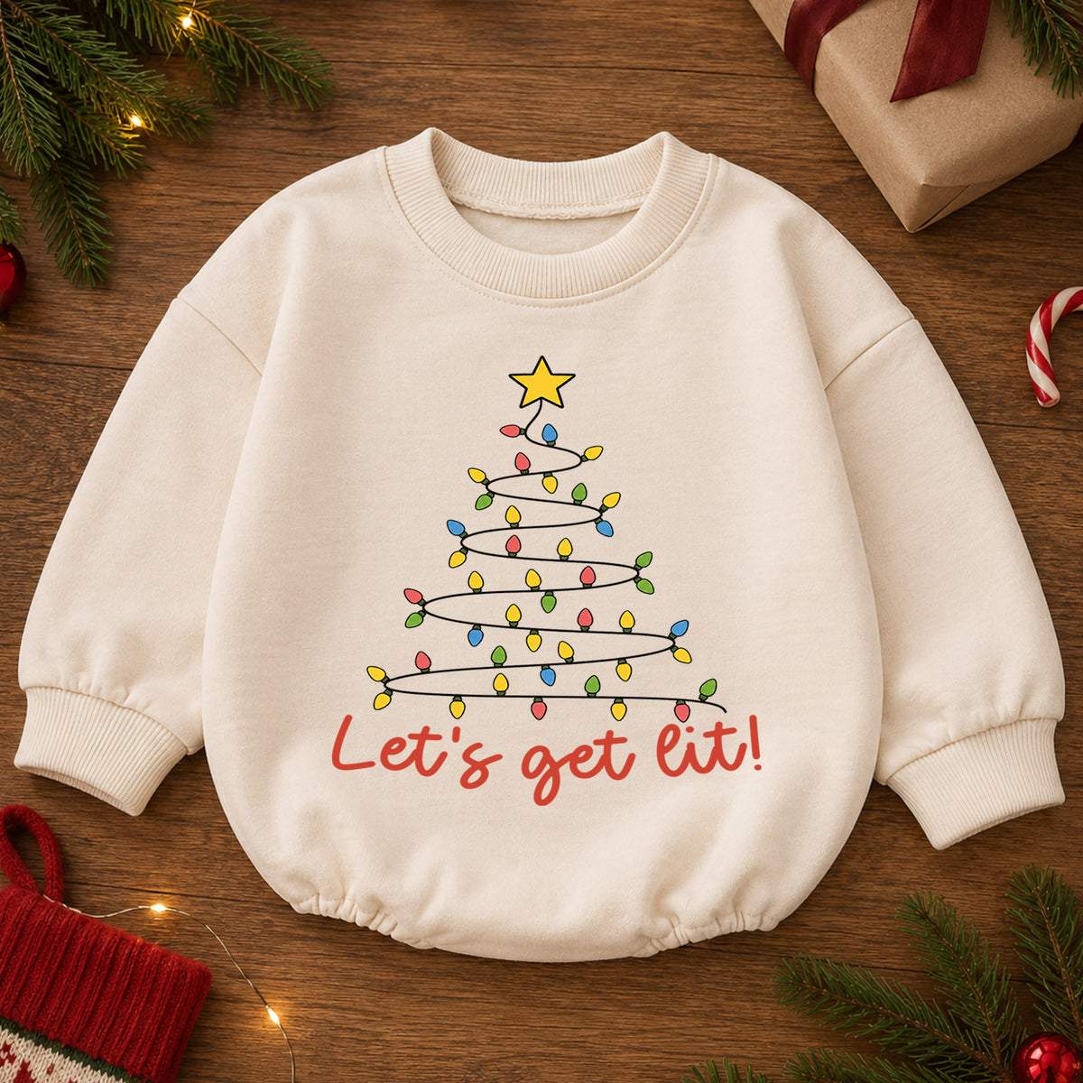 Let's Get Lit Christmas Baby Romper, Christmas Light Tree Holiday Outfit, Toddler Xmas Romper, Cute 1st Christmas Gift for Baby — product view 2