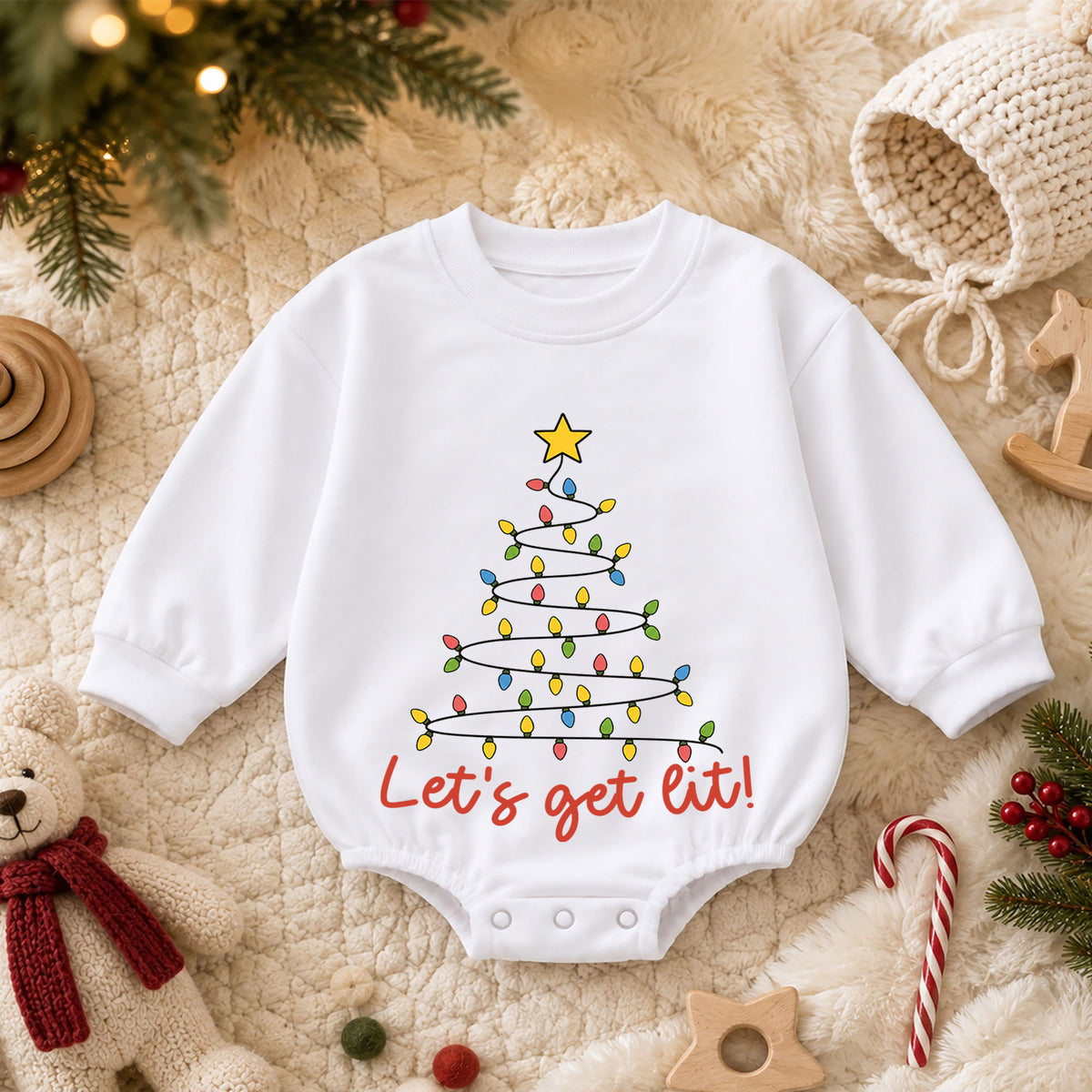 Let's Get Lit Christmas Baby Romper, Christmas Light Tree Holiday Outfit, Toddler Xmas Romper, Cute 1st Christmas Gift for Baby — product view 3