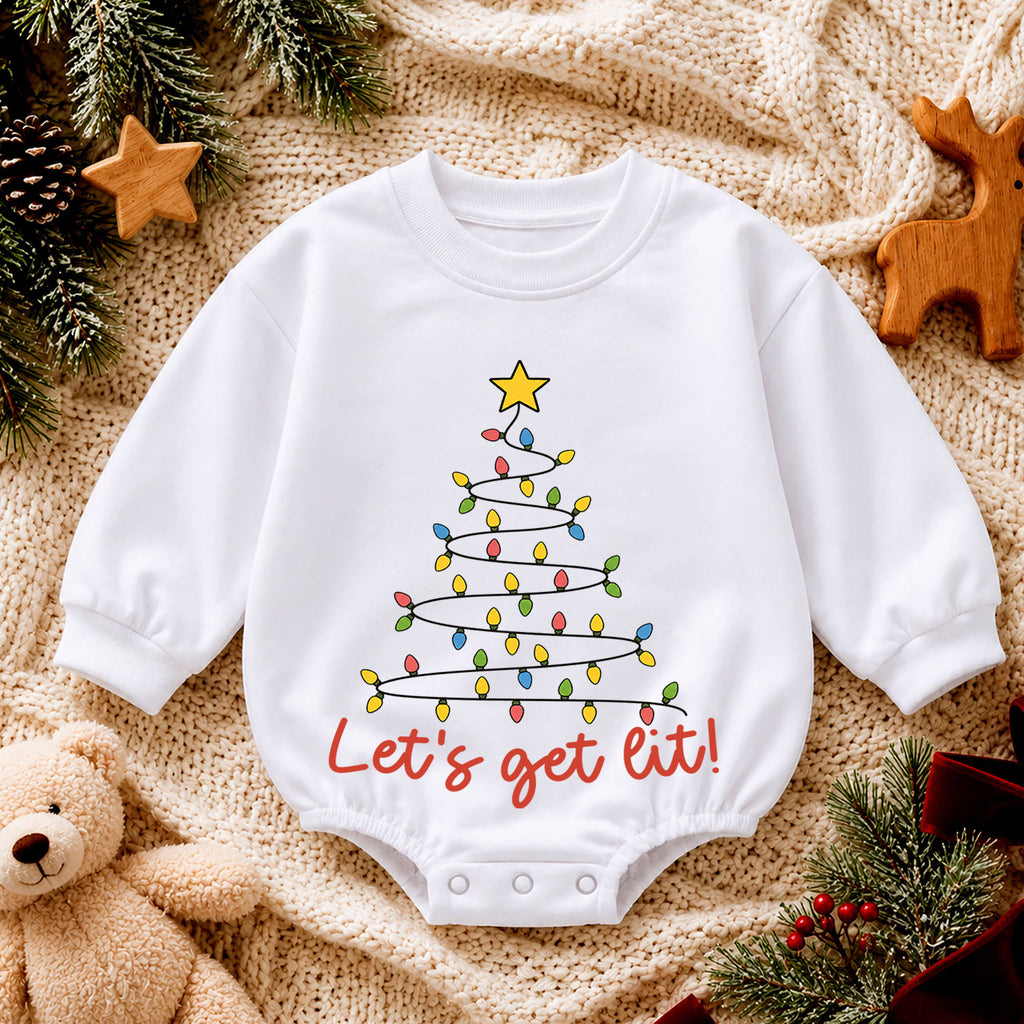 Let's Get Lit Christmas Baby Romper, Christmas Light Tree Holiday Outfit, Toddler Xmas Romper, Cute 1st Christmas Gift for Baby — product view 4