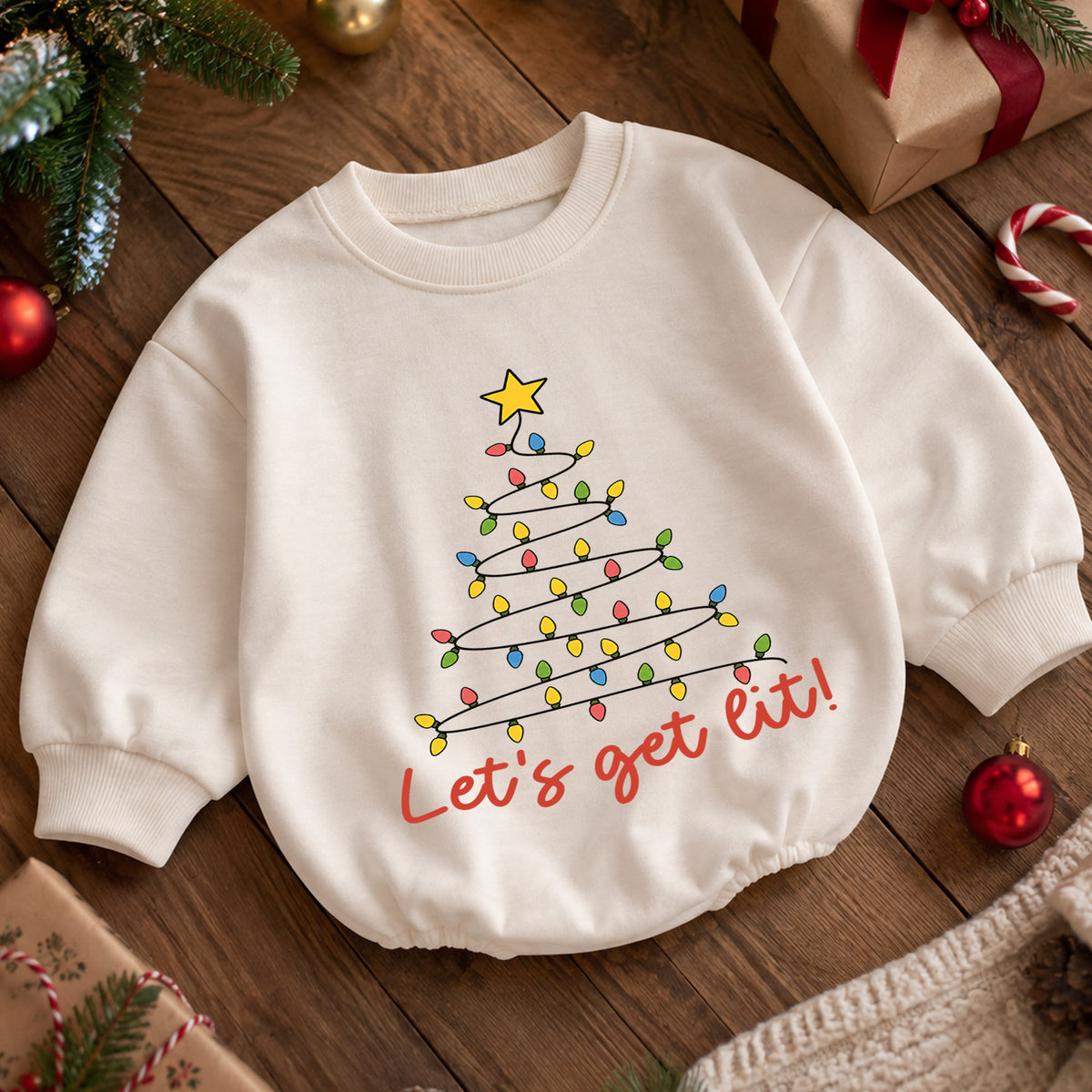 Let's Get Lit Christmas Baby Romper, Christmas Light Tree Holiday Outfit, Toddler Xmas Romper, Cute 1st Christmas Gift for Baby — product view 5