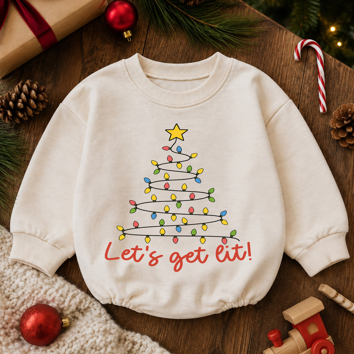 Let's Get Lit Christmas Baby Romper, Christmas Light Tree Holiday Outfit, Toddler Xmas Romper, Cute 1st Christmas Gift for Baby — product view 6