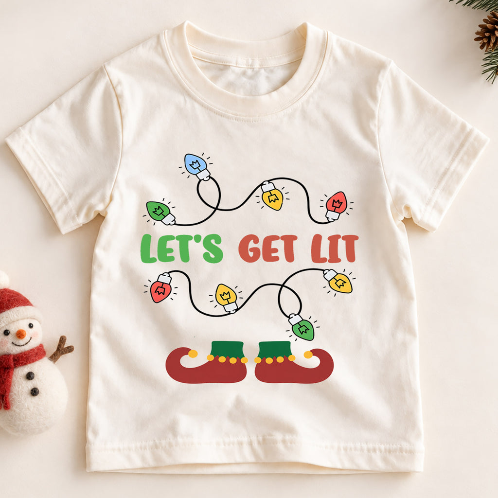 Let's Get Lit Kids Christmas Shirt, Funny Holiday Lights Tee, Cute Elf Christmas Outfit, Festive Holiday Gift for Kids Holiday Gift Idea — product view 2