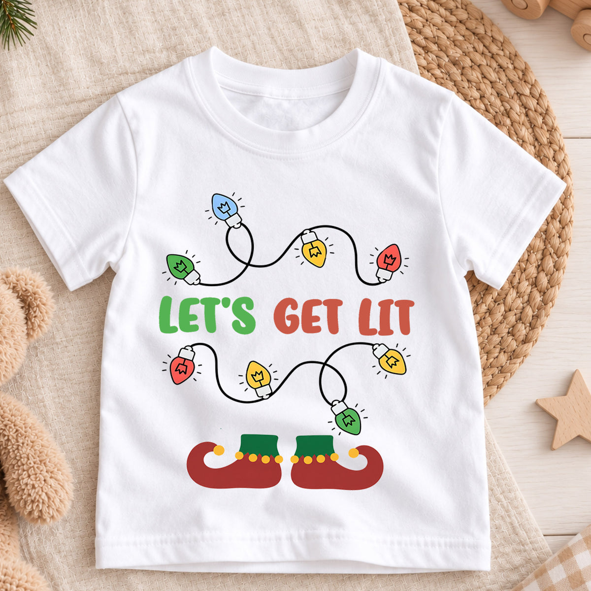 Let's Get Lit Kids Christmas Shirt, Funny Holiday Lights Tee, Cute Elf Christmas Outfit, Festive Holiday Gift for Kids Holiday Gift Idea — product view 3