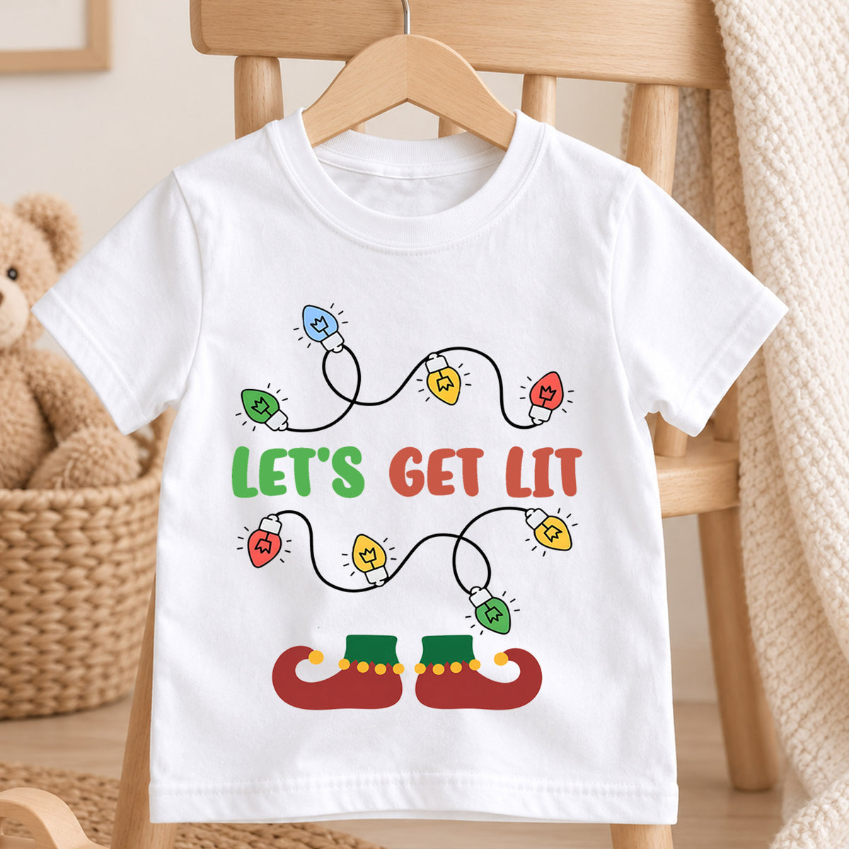 Let's Get Lit Kids Christmas Shirt, Funny Holiday Lights Tee, Cute Elf Christmas Outfit, Festive Holiday Gift for Kids Holiday Gift Idea — product view 4