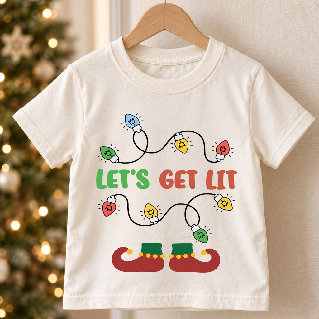Let's Get Lit Kids Christmas Shirt, Funny Holiday Lights Tee, Cute Elf Christmas Outfit, Festive Holiday Gift for Kids Holiday Gift Idea — product view 5