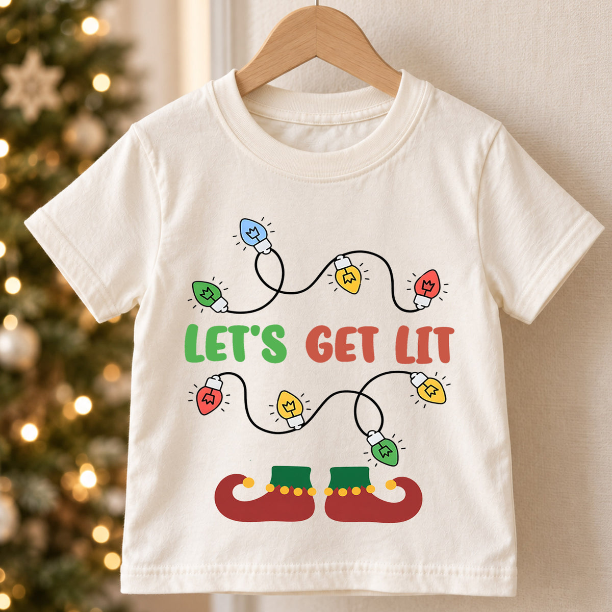 Let's Get Lit Kids Christmas Shirt, Funny Holiday Lights Tee, Cute Elf Christmas Outfit, Festive Holiday Gift for Kids Holiday Gift Idea — product view 5
