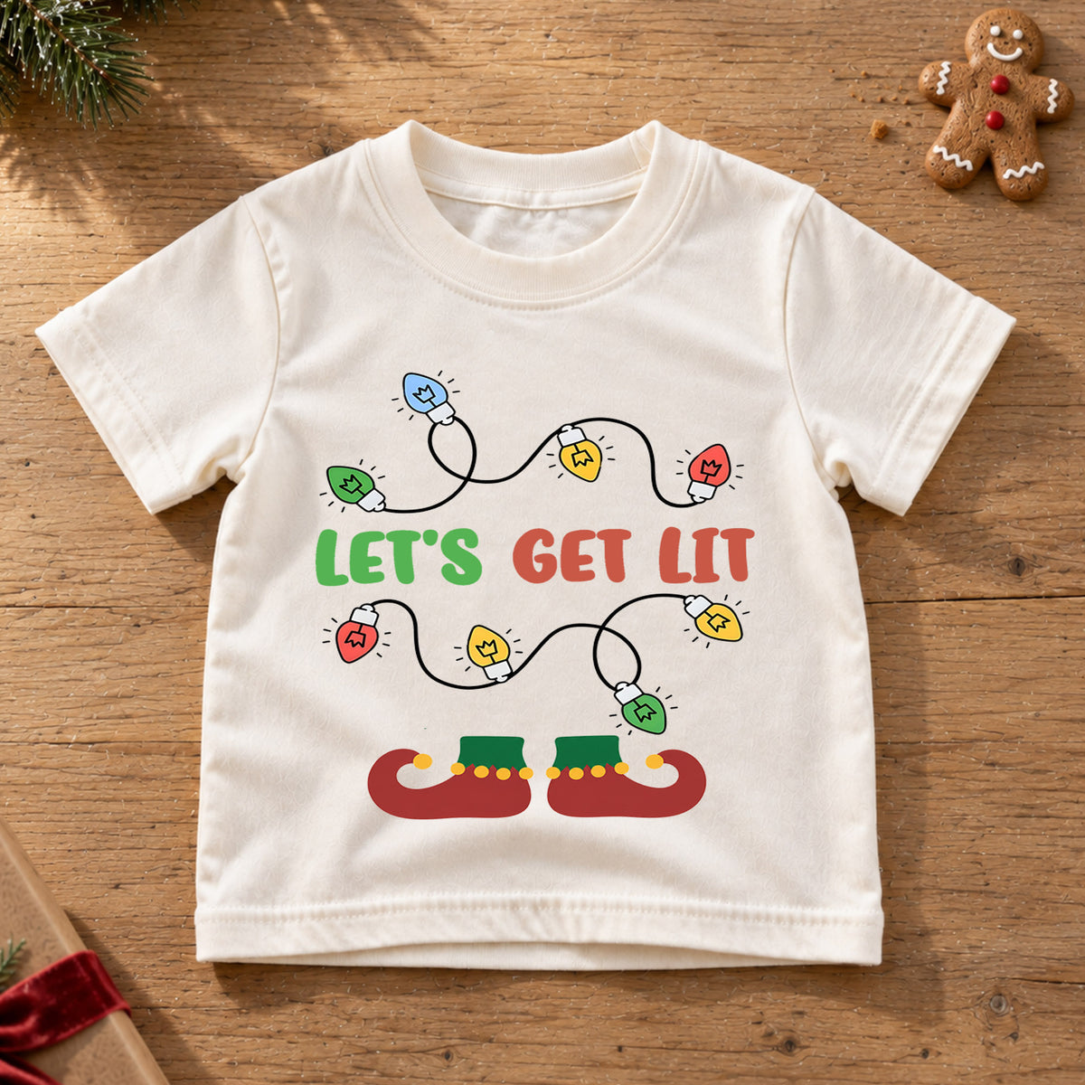 Let's Get Lit Kids Christmas Shirt, Funny Holiday Lights Tee, Cute Elf Christmas Outfit, Festive Holiday Gift for Kids Holiday Gift Idea — product view 6