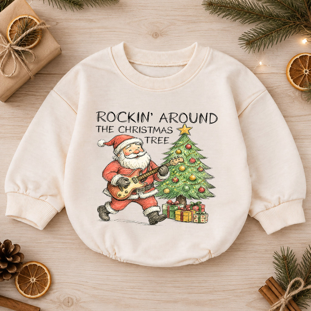 Rockin Around the Christmas Tree Santa Romper, Vintage Guitar Holiday Outfit, Baby 1st Christmas Gift, 1st Birthday Keepsake — product view 1