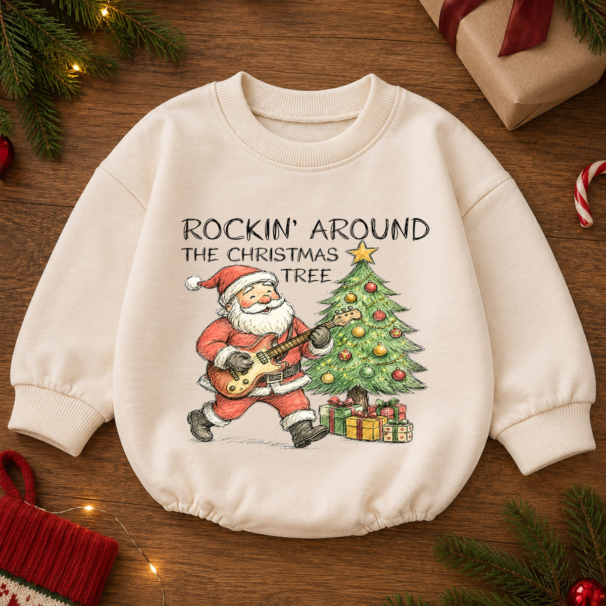 Rockin Around the Christmas Tree Santa Romper, Vintage Guitar Holiday Outfit, Baby 1st Christmas Gift, 1st Birthday Keepsake — product view 2