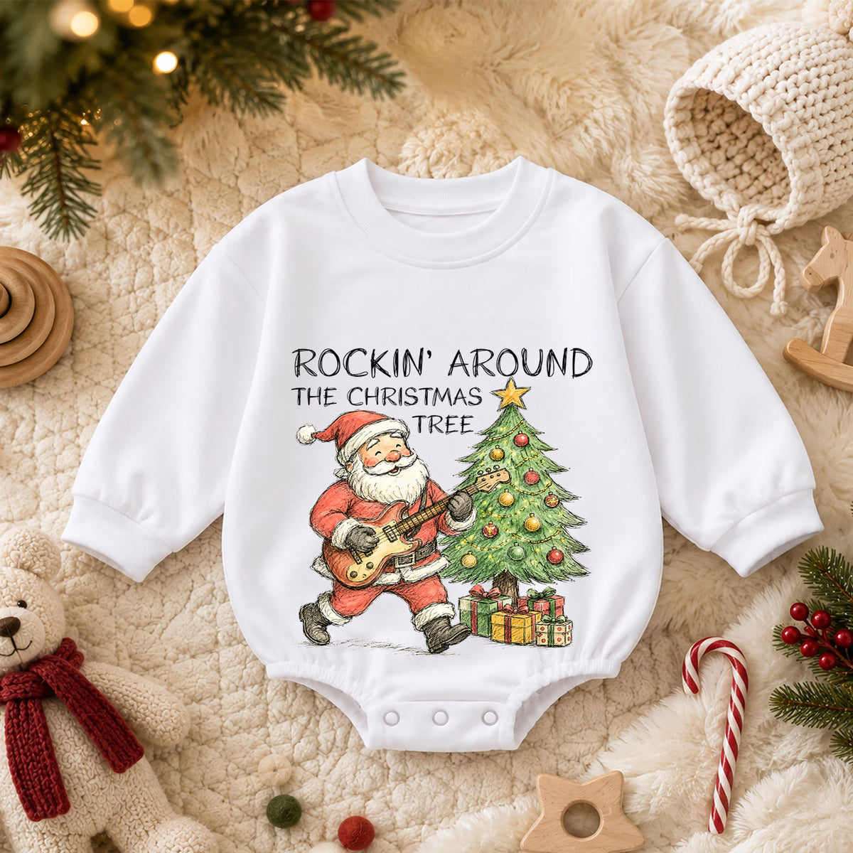 Rockin Around the Christmas Tree Santa Romper, Vintage Guitar Holiday Outfit, Baby 1st Christmas Gift, 1st Birthday Keepsake — product view 3