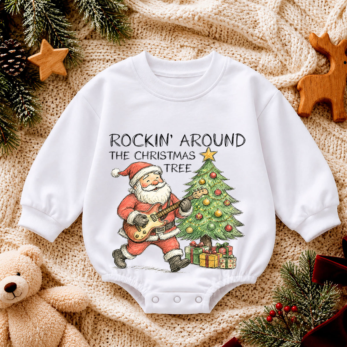 Rockin Around the Christmas Tree Santa Romper, Vintage Guitar Holiday Outfit, Baby 1st Christmas Gift, 1st Birthday Keepsake — product view 4