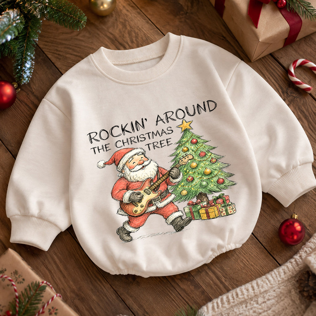 Rockin Around the Christmas Tree Santa Romper, Vintage Guitar Holiday Outfit, Baby 1st Christmas Gift, 1st Birthday Keepsake — product view 5