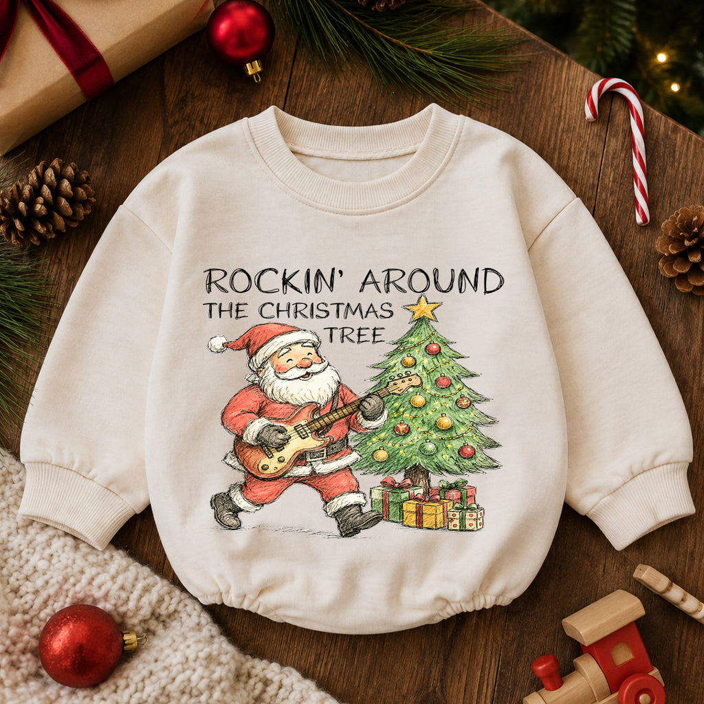 Rockin Around the Christmas Tree Santa Romper, Vintage Guitar Holiday Outfit, Baby 1st Christmas Gift, 1st Birthday Keepsake — product view 6