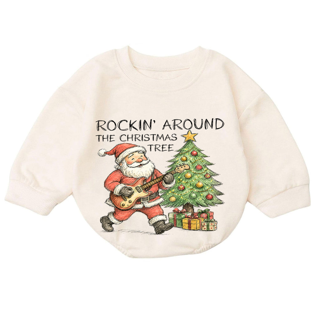 Rockin Around the Christmas Tree Santa Romper, Vintage Guitar Holiday Outfit, Baby 1st Christmas Gift, 1st Birthday Keepsake — product view 7