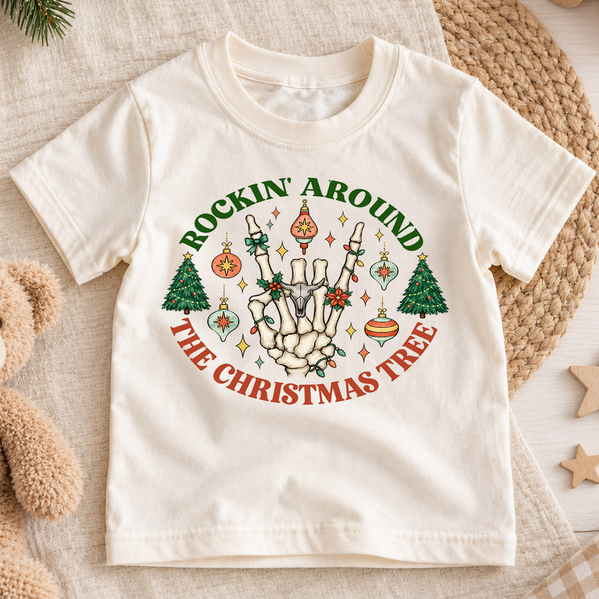 Rockin Around the Christmas Tree Kids Shirt, Skeleton Hand Holiday Tee, Retro Christmas T Shirt, Funny Xmas Gift for Kids — product view 1