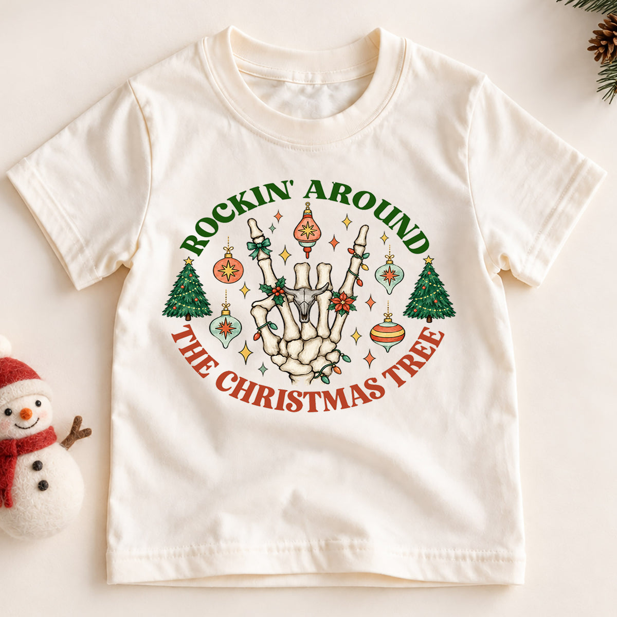 Rockin Around the Christmas Tree Kids Shirt, Skeleton Hand Holiday Tee, Retro Christmas T Shirt, Funny Xmas Gift for Kids — product view 2