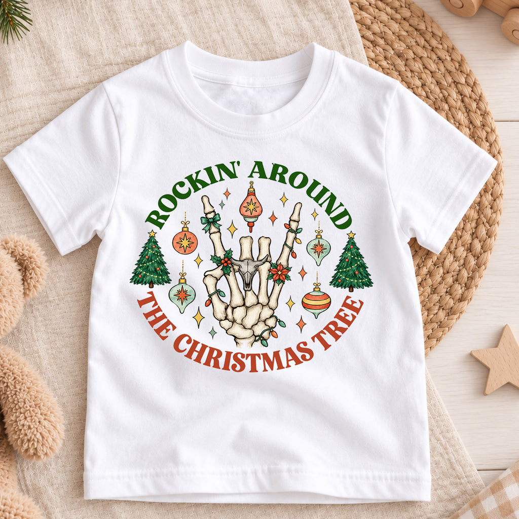 Rockin Around the Christmas Tree Kids Shirt, Skeleton Hand Holiday Tee, Retro Christmas T Shirt, Funny Xmas Gift for Kids — product view 3